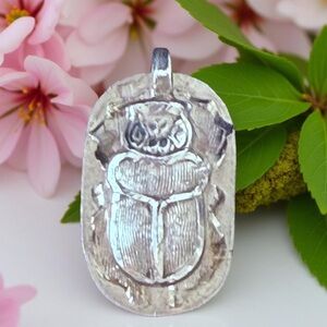NWOT Sterling Silver Egyptian Scarab Pendant | Hand Carved Hieroglyphic Charm